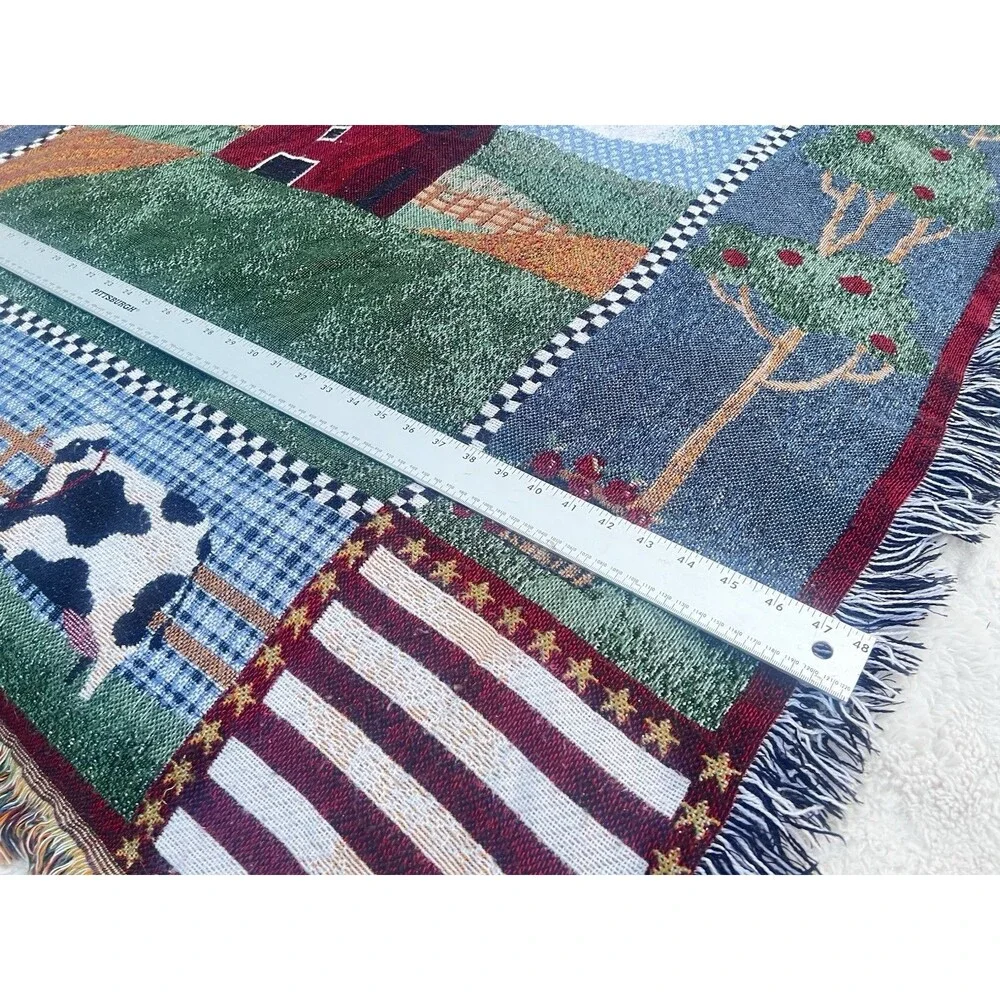Farmhouse Woven Throw Blanket Red Barn Cows Rooster Americana Fringe 56x48